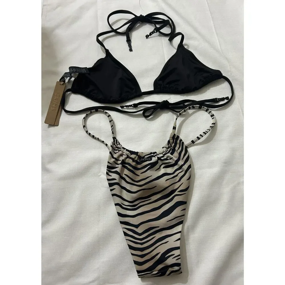 Skims NWT Triangle Top Black & Champagne Tiger Bikini Bottom Size Medium